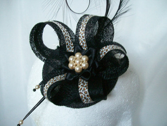 Black & Leopardprint Pheasant Curl Feather Sinamay and Pearl Isabel Wedding Fascinator Mini Hat - Custom Made to Order