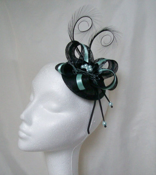 Black & Aquamarine Pheasant Curl Feather Sinamay and Pearl Isabel Wedding Fascinator Mini Hat - Made to Order
