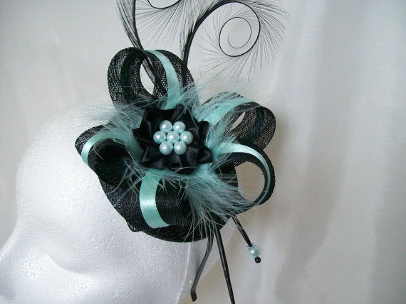 Black & Aquamarine Pheasant Curl Feather Sinamay and Pearl Isabel Wedding Fascinator Mini Hat - Made to Order