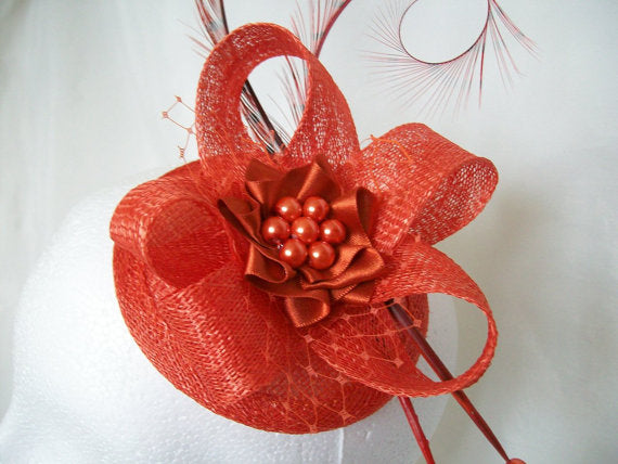 Orange Fascinator Burnt Orange Pheasant Curl Feather Sinamay & Pearl Wedding Mini Hat Headpiece Royal Ascot - Made to Order