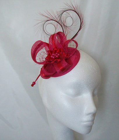 Cerise Pink and Scarlet Red Pheasant Curl Feather Sinamay & Pearl Fascinator Mini Hat - Made To Order for a Wedding or the Derby