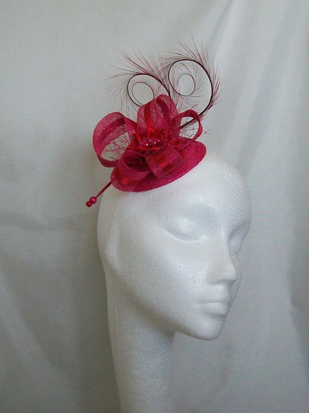 Cerise Pink and Scarlet Red Pheasant Curl Feather Sinamay & Pearl Fascinator Mini Hat - Made To Order for a Wedding or the Derby