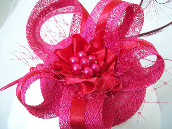 Cerise Pink and Scarlet Red Pheasant Curl Feather Sinamay & Pearl Fascinator Mini Hat - Made To Order for a Wedding or the Derby