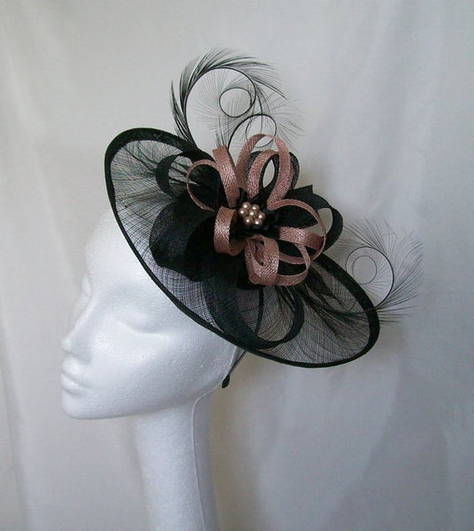 Latte Black Fascinator Large Sinamay Saucer Curl Feather and Blush Nude & Pearl Hat Wedding Derby Ascot- Made to Order