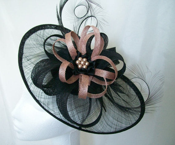 Latte Black Fascinator Large Sinamay Saucer Curl Feather and Blush Nude & Pearl Hat Wedding Derby Ascot- Made to Order