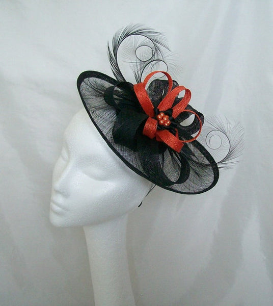 Black Sinamay Saucer Curl Feather and Burnt Orange Loop & Pearl Cecily Wedding Fascinator Hat Derby Ascot - Made to Order
