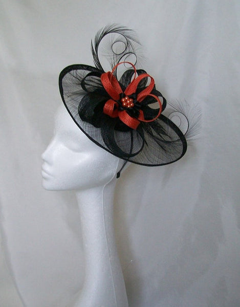 Black Sinamay Saucer Curl Feather and Burnt Orange Loop & Pearl Cecily Wedding Fascinator Hat Derby Ascot - Made to Order