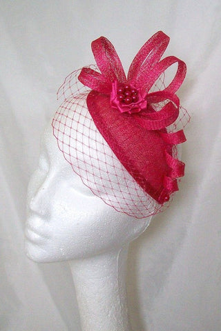 Cerise Pink Fascinator - Vintage Blusher Veil with Sinamay Loops & Pearls Retro Teardrop Wedding Mini Hat Headpiece Ascot- Made to Order