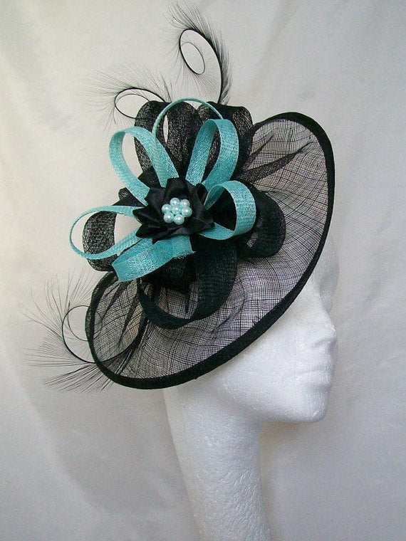 aquamarine aqua and Black Large Sinamay Saucer Curl Feather and Cornflower Loop & Pearl Fascinator Headpiece Hat Ascot Derby - Made to Order