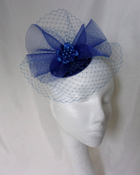Royal Blue Fascinator - Cobalt Sapphire Blusher Veil Crinoline & Pearl Wedding Percher Mini Hat Hatinator Ascot Derby - Made To Order