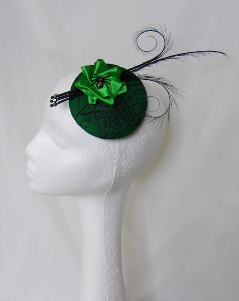 Emerald Spider Fascinator - Absinthe Green and Black Cobweb Feather and Crystal Spider Mini Hat - Gothic Wicked Wedding- Ready Made