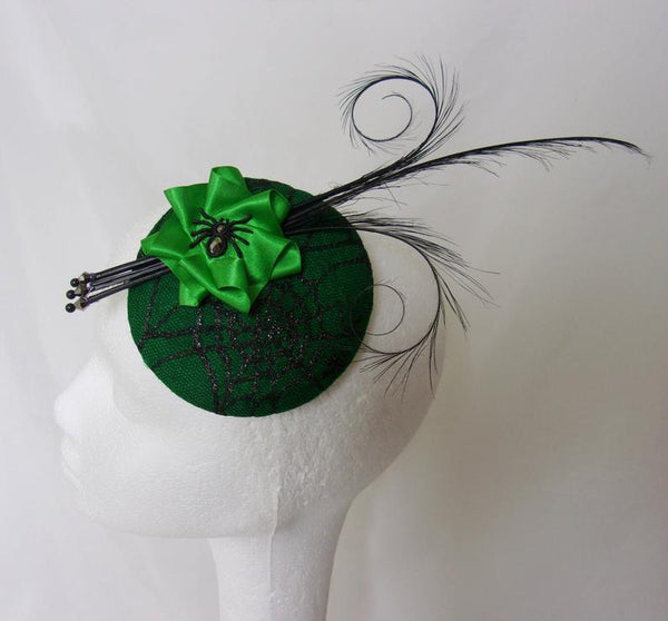 Emerald Spider Fascinator - Absinthe Green and Black Cobweb Feather and Crystal Spider Mini Hat - Gothic Wicked Wedding- Ready Made