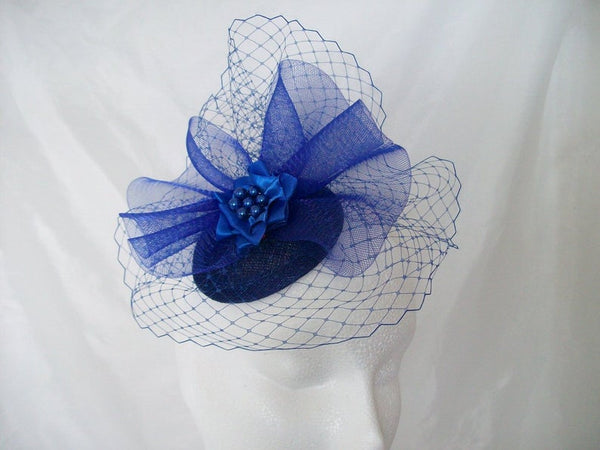 Royal Blue Fascinator - Cobalt Sapphire Blusher Veil Crinoline & Pearl Wedding Percher Mini Hat Hatinator Ascot Derby - Made To Order