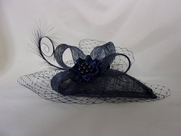 Navy Blue Fascinator Veiled Vintage Style Curl Feather & Crystal Teardrop Percher Mini Hat Headpiece Wedding Ascot - Made To Order