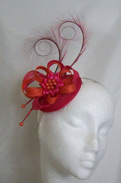Pink and Burnt Orange Fascinator Cerise Fuchsia Pheasant Curl Feather Pearl Sinamay Mini Hat Wedding Ascot Derby - Made To Order