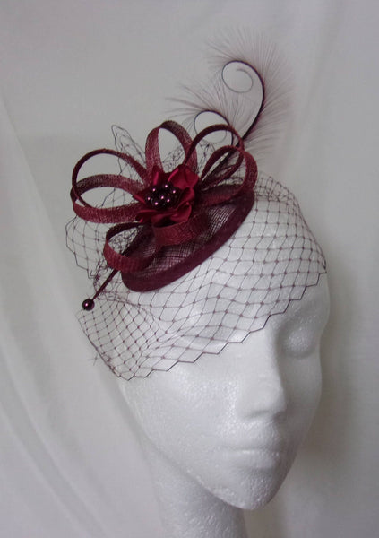 Shades of Burgundy Wine Marsala Isadora Pheasant Curl Feather Veil Sinamay & Pearl Wedding Fascinator Mini Hat - Custom Made to Order