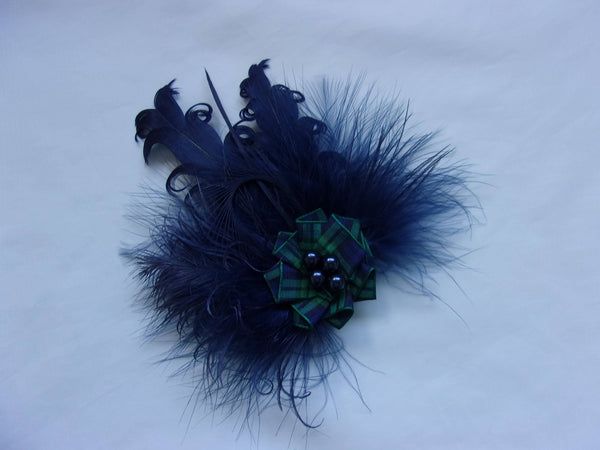 Navy Blue Feather Tartan Brooch