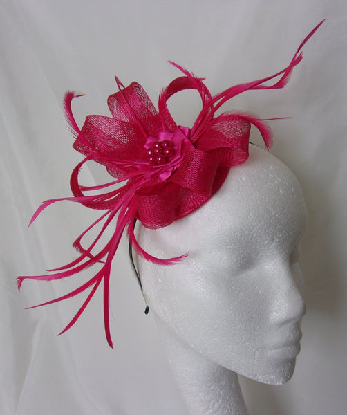 Raspberry Pink Fascinator - Amaranth Cerise Sinamay Loop Feather & Pearl Wedding Fascinator Mini Hat Ascot - Made to Order
