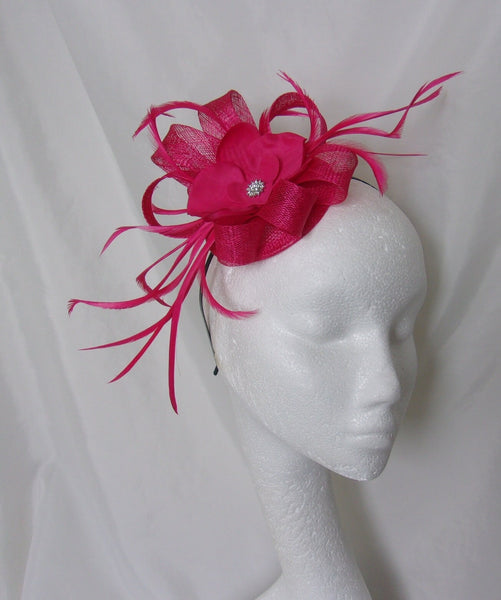 Raspberry Pink Fascinator - Amaranth Cerise Sinamay Loop Feather & Pearl Wedding Fascinator Mini Hat Ascot - Made to Order
