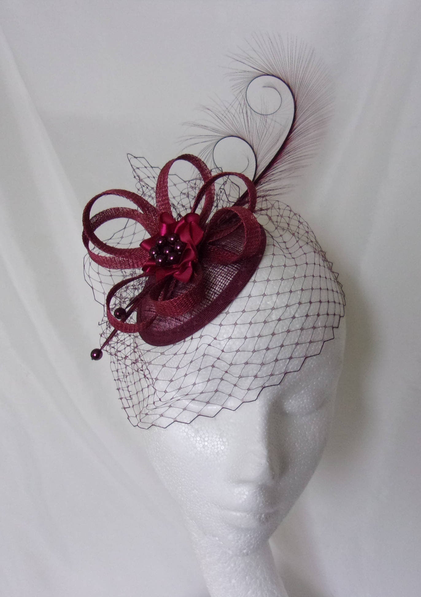 Shades of Burgundy Wine Marsala Isadora Pheasant Curl Feather Veil Sinamay & Pearl Wedding Fascinator Mini Hat - Custom Made to Order