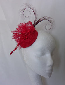 Red Lace Fascinator - Bright Scarlet Curl Feather and Pearl Vintage Percher Headpiece - Wedding- Ascot- Derby - Made to Order