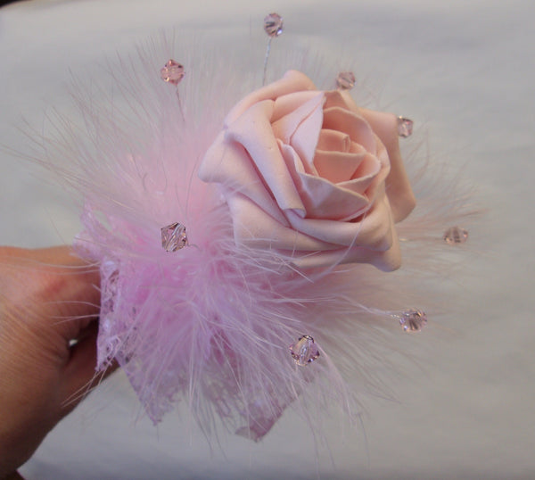 Pale Pink Wand - Baby Pinks Rose Bud Feather and Crystal Flower Girl Bridesmaids Wedding Fairy Flower Wand - Ready Made