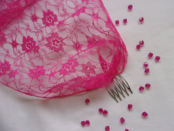 Hot Pink Lace Veil Bright Fuchsia Bandeau Brides Wedding Bridal Veils Head Scarf with Combs -Vintage Boho - Made to Order