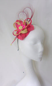 Pink and Yellow Fascinator Raspberry Fuchsia Pheasant Curl Feather Pearl Sinamay Mini Hat Wedding Ascot - Made To Order