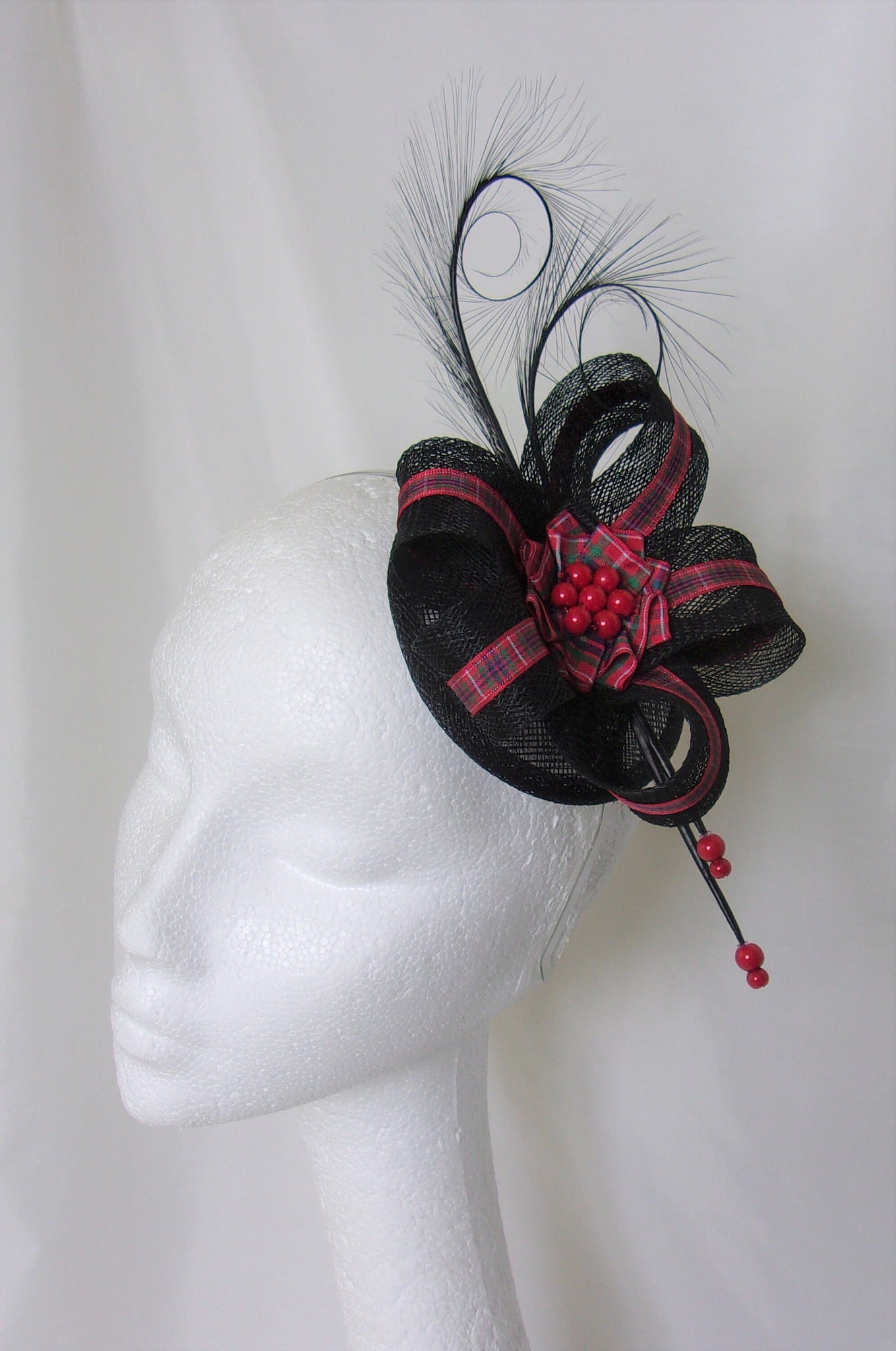 Red Tartan Fascinator - Black Pheasant Curl Feather Ribbon Stripe Scottish Highlands Wedding Burns Night Mini Hat Made to Order