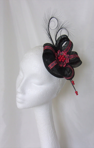 Red Tartan Fascinator - Black Pheasant Curl Feather Ribbon Stripe Scottish Highlands Wedding Burns Night Mini Hat Made to Order