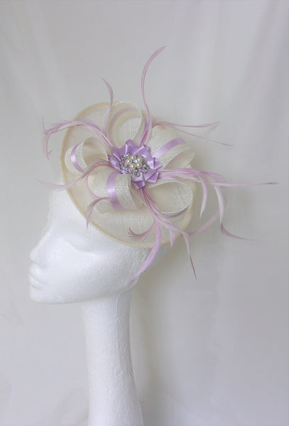 Ivory & Lavender Lilac Hat Pretty Cream Summer Ladies Feather and Sinamay Saucer Fascinator - Wedding Made to Order