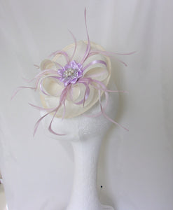 Ivory & Lavender Lilac Hat Pretty Cream Summer Ladies Feather and Sinamay Saucer Fascinator - Wedding Made to Order