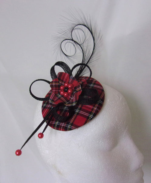 Red Royal Stewart Tartan Fascinator Black Curl Feather and Sinamay Veil Highlands Wedding Burns Night - Made to Order