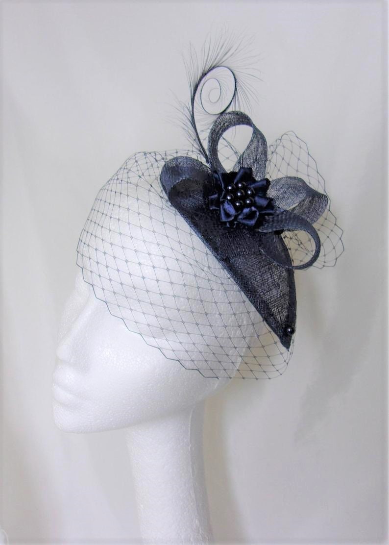 Navy Blue Fascinator Veiled Vintage Style Curl Feather & Crystal Teardrop Percher Mini Hat Headpiece Wedding Ascot - Made To Order