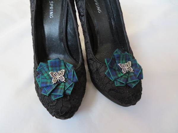 Black Watch Tartan and Butterfly Shoe Clips