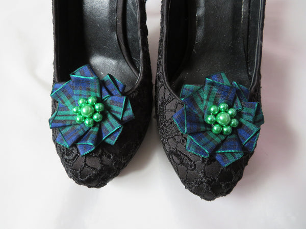 Black Watch Tartan and Emerald Green Pearl Shoe Clips