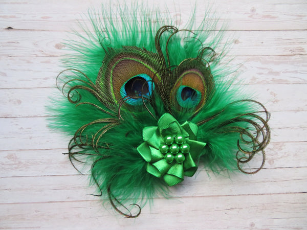 Emerald Peacock Fascinator Small Jade Green Feather & Pearls Vintage Mini Headpiece Hair Clip Gift Gifts  - Made to Order