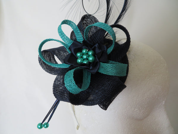 Jade Cyan Green and Navy Blue Pheasant Curl Feather Sinamay Loop & Pearl Fascinator Mini Hat Wedding Races Ascot -  Made To Order