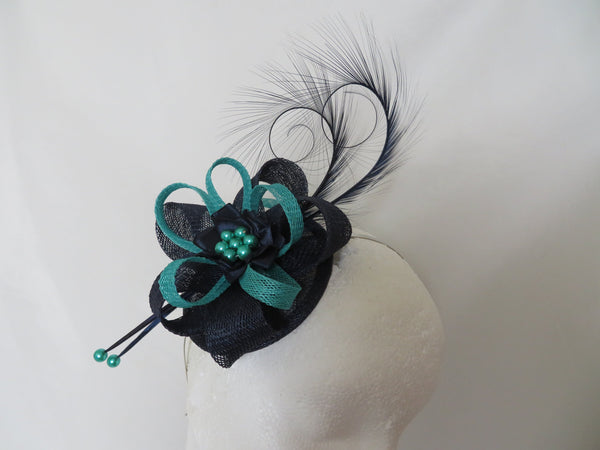 Jade Cyan Green and Navy Blue Pheasant Curl Feather Sinamay Loop & Pearl Fascinator Mini Hat Wedding Races Ascot -  Made To Order