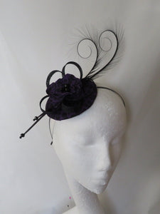 Purple and Black Leopard Print Fascinator Hat Flower Feathers Vintage Retro Gothic Wedding Ascot or Derby -  Made to Order