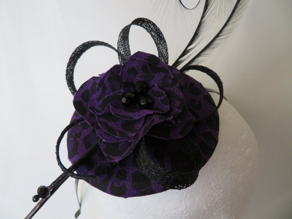 Purple and Black Leopard Print Fascinator Hat Flower Feathers Vintage Retro Gothic Wedding Ascot or Derby -  Made to Order