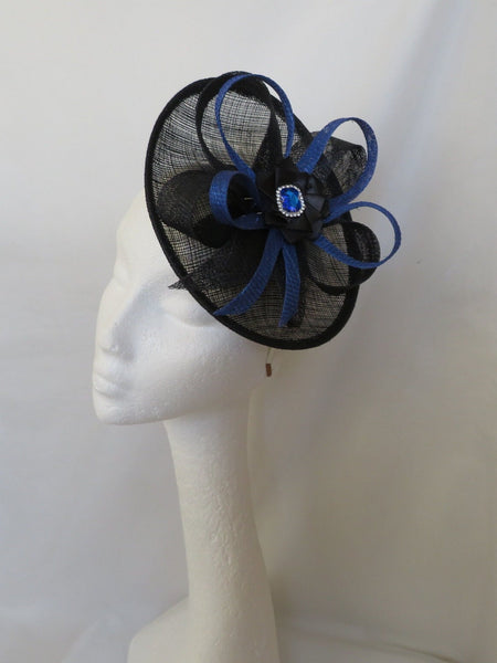 Sapphire Blue and Black Small Saucer Fascinator Hatinator Hat Sinamay Loops and Crystal - Wedding Party Races - Made to Order