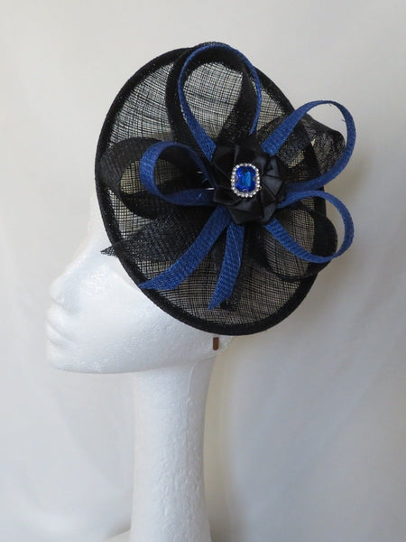 Sapphire Blue and Black Small Saucer Fascinator Hatinator Hat Sinamay Loops and Crystal - Wedding Party Races - Made to Order