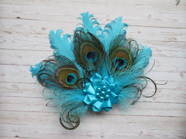 Turquoise Peacock Fascinator Lagoon Azure Blue Shades & Curled Feather Pearl Vintage Mini Hair Clip Headpiece Gift Gifts - Made to Order