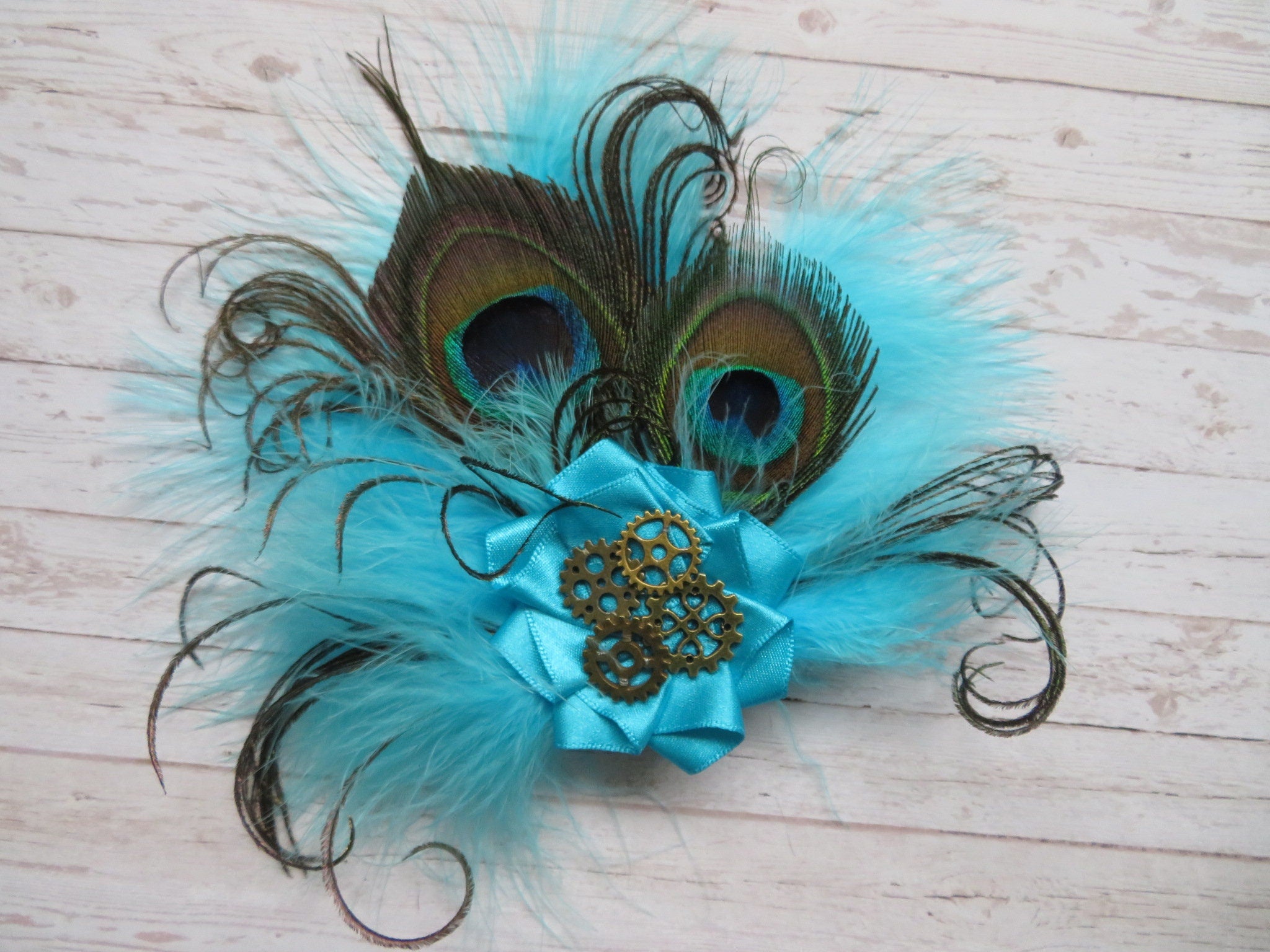 Turquoise Steampunk Fascinator Lagoon Azure Blue Peacock Feather & Brass Cogs Mini Headpiece Wedding Cosplay Hair Hat Clip- Made to Order