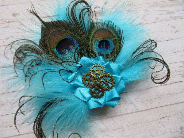Turquoise Steampunk Fascinator Lagoon Azure Blue Peacock Feather & Brass Cogs Mini Headpiece Wedding Cosplay Hair Hat Clip- Made to Order