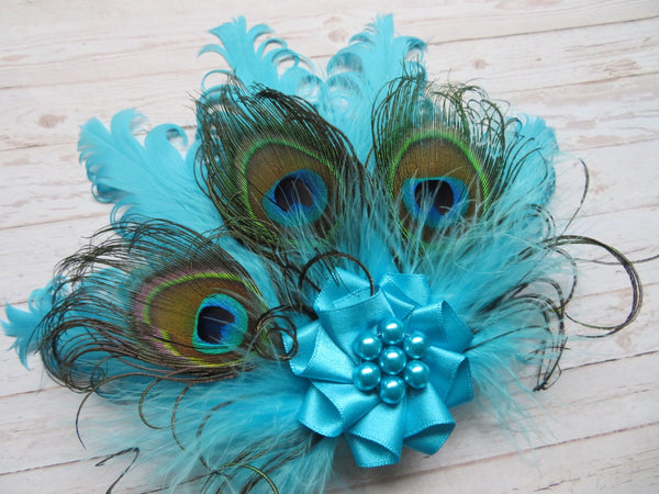 Turquoise Peacock Fascinator Lagoon Azure Blue Shades & Curled Feather Pearl Vintage Mini Hair Clip Headpiece Gift Gifts - Made to Order