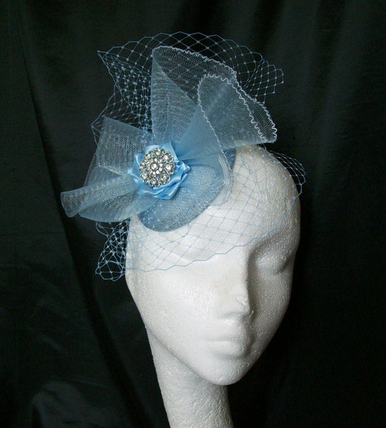 Pale Baby Sky Blue Vintage Style Blusher Veil & Crinoline Wedding Fascinator Headpiece Mini Hat  - Made To Order
