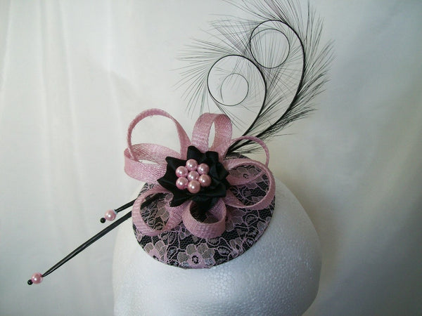 Pale Pink and Black Vintage Lace Fascinator Mini Hat with Curl Feathers and Pearls Wedding Ascot Races -  Made To Order