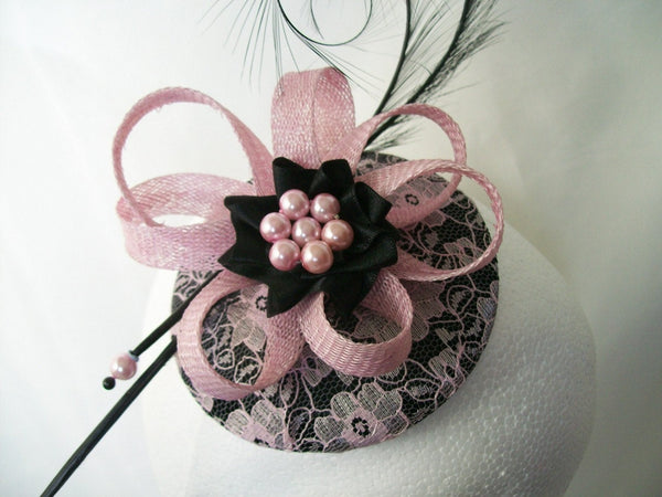 Pale Pink and Black Vintage Lace Fascinator Mini Hat with Curl Feathers and Pearls Wedding Ascot Races -  Made To Order